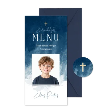 Menukaart communie jongen stijlvol foto verf blauw goud
